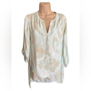 Chico's Soft Patel Green ,Tan Layers front Sheer Floral